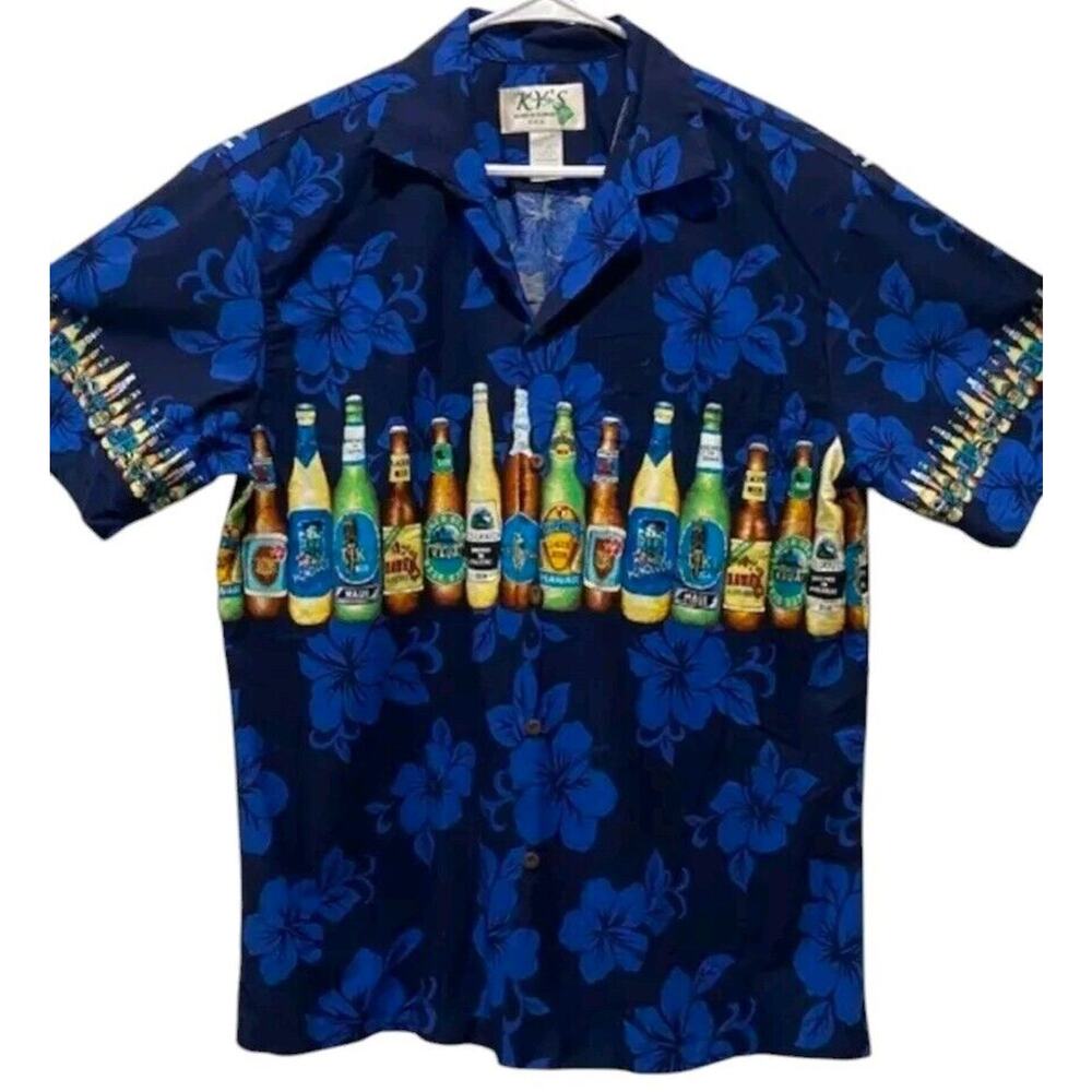 VTG 80s Hawaiian Shirt Mens 3X Blue Beer Bottles Cotton Button Up KYS Hawaii USA